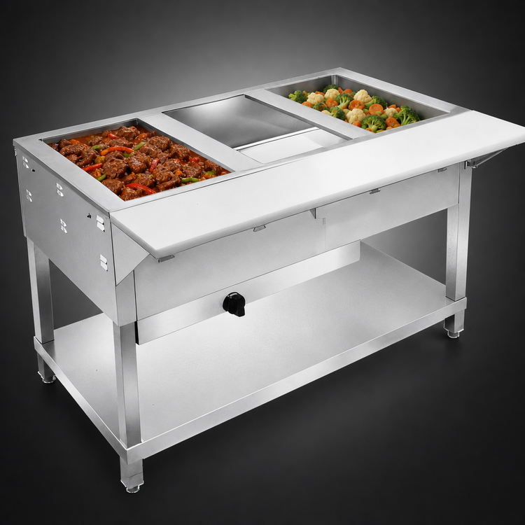 Product image #3 for Klinger's Trading WB2H 2-Well Gas Steam Table with Open Shelf Base and 8-Inch Serving Board