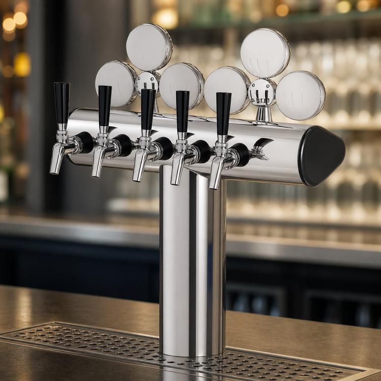 Product image #3 for Perlick Illuminated Winged Tee Countertop Glycol-Cooled 4-Faucet Draft Tower, Polished Chrome