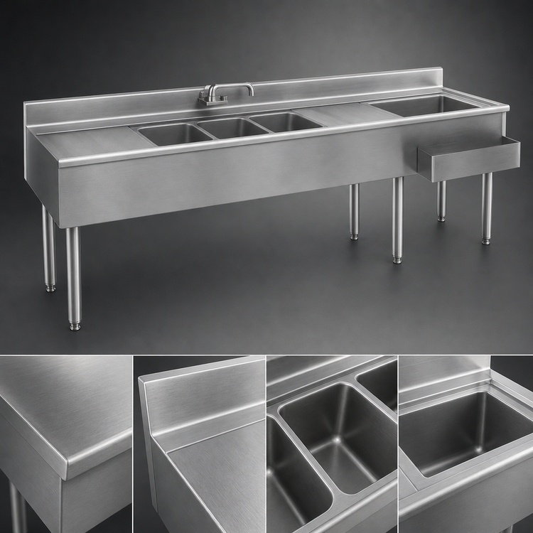 Product image #3 for Eagle Group 2200 Series 9-Foot Underbar Combination Unit with 3 Center Sink Bowls, Dual Ice Bins and Drainboards