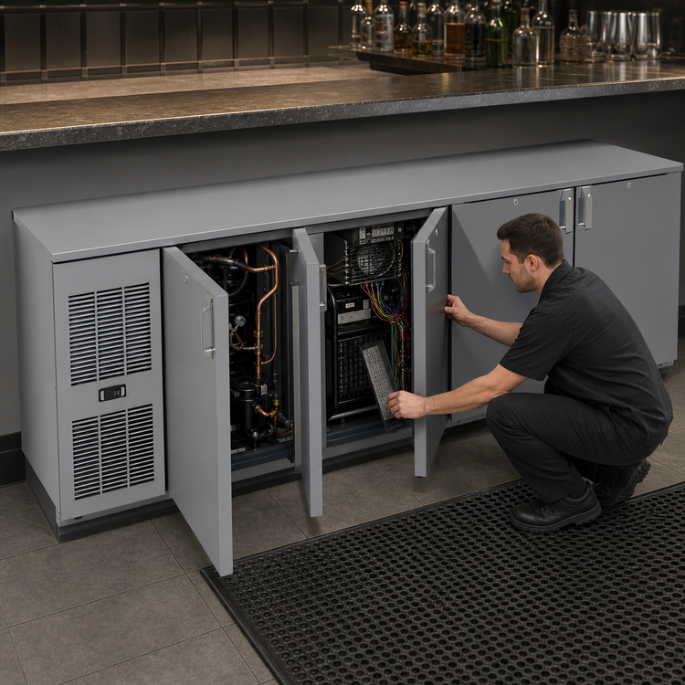Product image #3 for Glastender C1FL92 Low Profile Front-Serviced Four-Section Back Bar Cooler, 92 Inch, Self-Contained Refrigeration