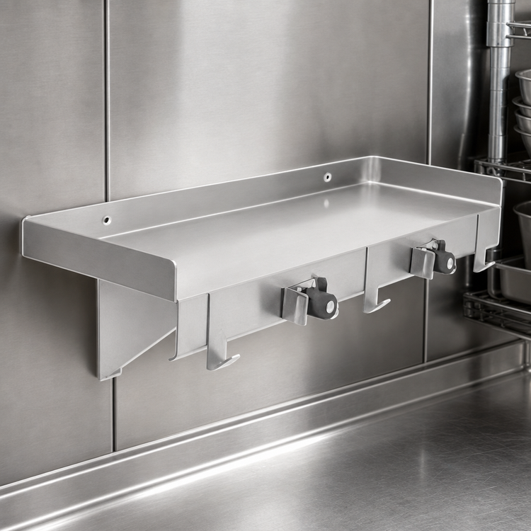 Product image #3 for John Boos 24-Inch x 8-Inch Wall-Mounted Stainless Steel Utility Shelf with 1-1/2-Inch Riser and 2 Mop/Broom Holders