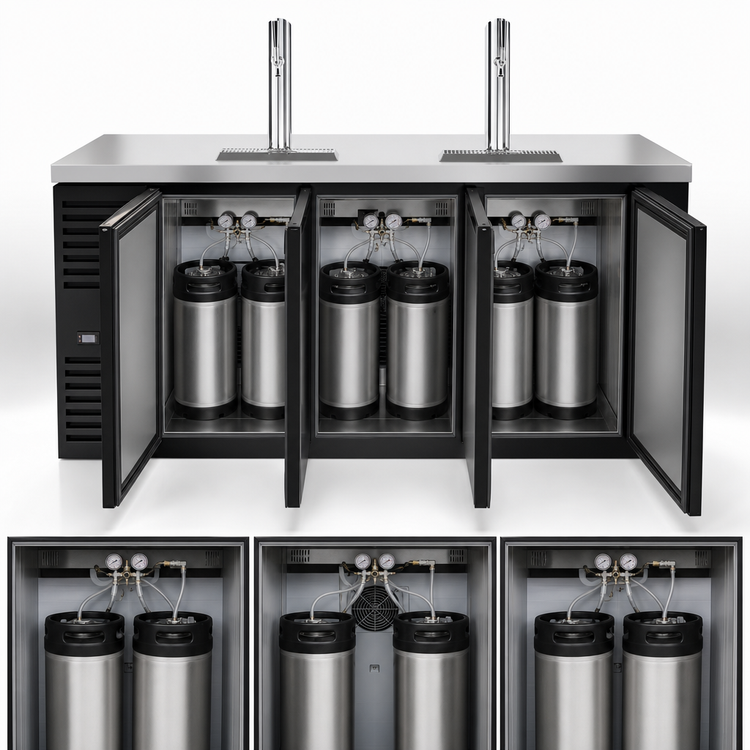 Product image #3 for Three-Section Refrigerated Draft Bar Cooler with 2 Beer Columns, 84-Inch, Stainless Steel Top, Black Exterior