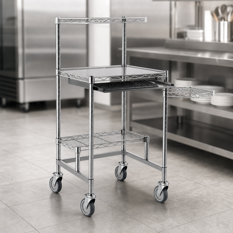 Product image #3 for Eagle Group Chrome Mobile Computer Workstation with Keyboard Drawer and Wire Shelves, 24 x 24 Inches