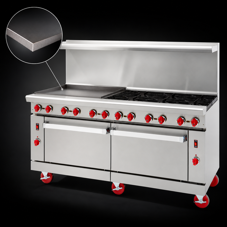 Product image #3 for American Range Green Flame 72-Inch Commercial Gas Range with 36-Inch Left Griddle, 6 Open Burners, and 2 Standard Ovens
