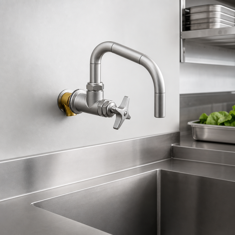 Product image #3 for T&S Brass Big-Flo Wall-Mount Faucet with 6-1/2 Inch Swing Nozzle and 4-Arm Handle