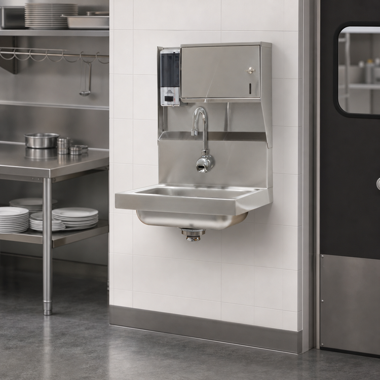Product image #3 for Advance Tabco Wall Mounted Hand Sink with 14 x 10 x 5 Inch Bowl, Electronic Faucet, and Soap & Towel Dispenser