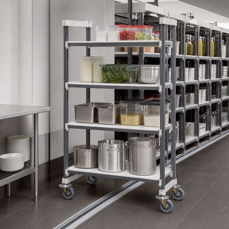Product image #3 for Cambro Camshelving Elements XTRA High Density Mobile Starter Unit, Solid 4-Tier Polymer Shelving, 24 x 42 x 70-1/4 Inches
