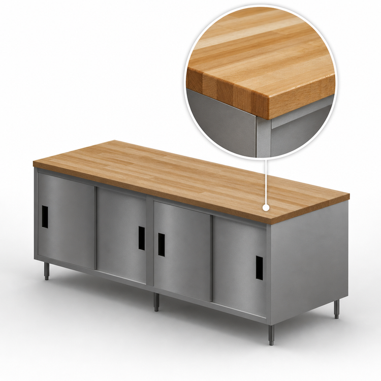 Product image #3 for BK Resources 96" x 36" Hard Maple Wood Top Chef Table with Stainless Steel Cabinet Base and Sliding Doors