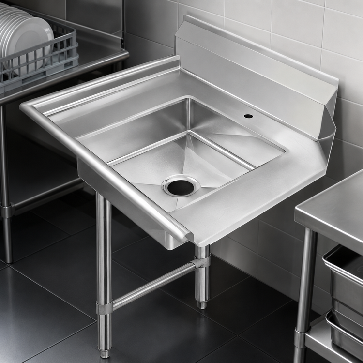 Product image #3 for Klinger's Trading 26" x 30" Left-to-Right Soiled Dishtable with 20" x 20" Pre-Rinse Sink, 9" Backsplash, Stainless Steel Top