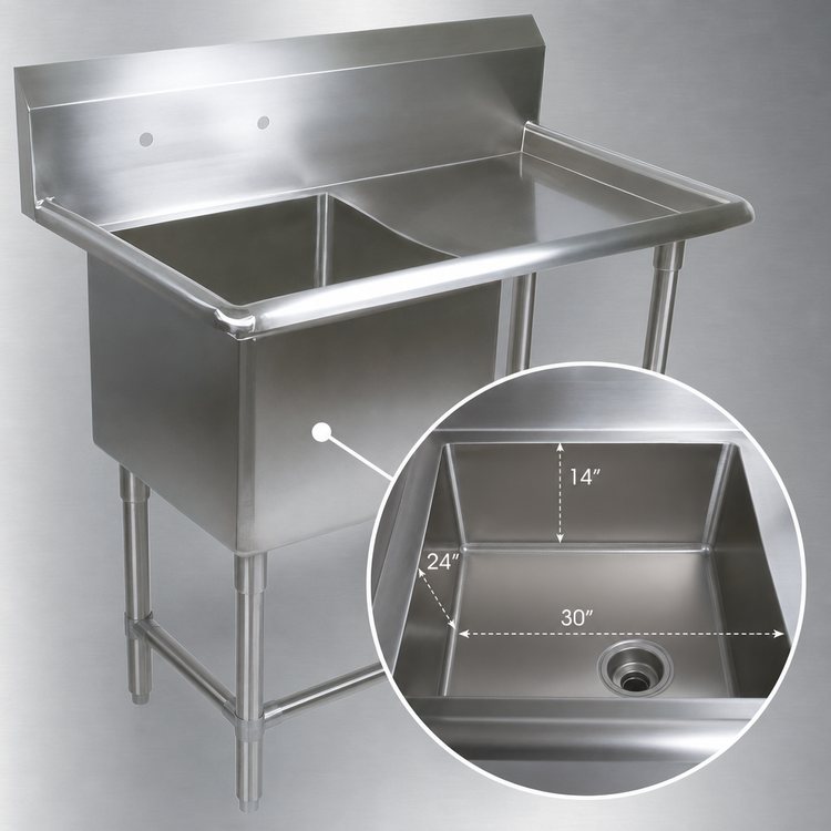 Product image #3 for John Boos Pro-Bowl 1-Compartment 16-Gauge 300-Series Stainless Steel Sink with Right Drainboard, 70-3/16 Inch Wide