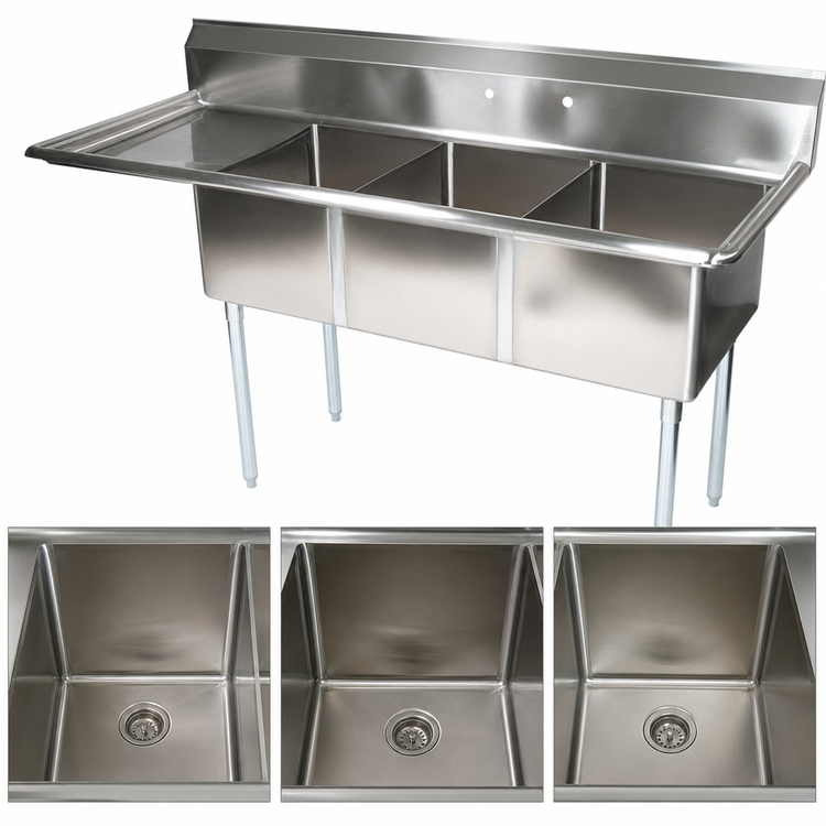 Product image #3 for John Boos E-Series 3-Compartment Stainless Steel Sink with Left Drainboard, 74-1/2 Inch W