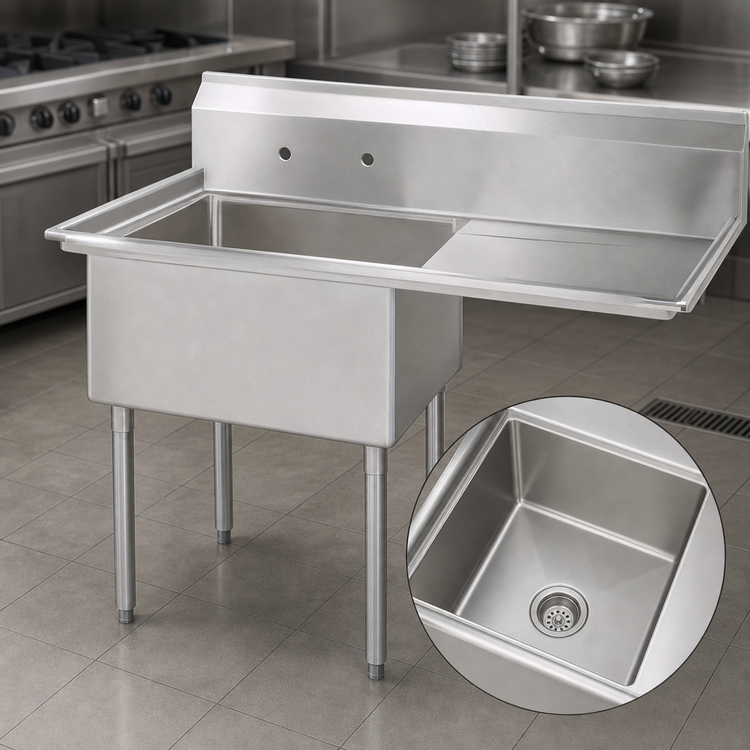 Product image #3 for BK Resources 1-Compartment 18-Gauge 304 Stainless Steel Sink with Right Drainboard, 9-Inch Backsplash, and Legs
