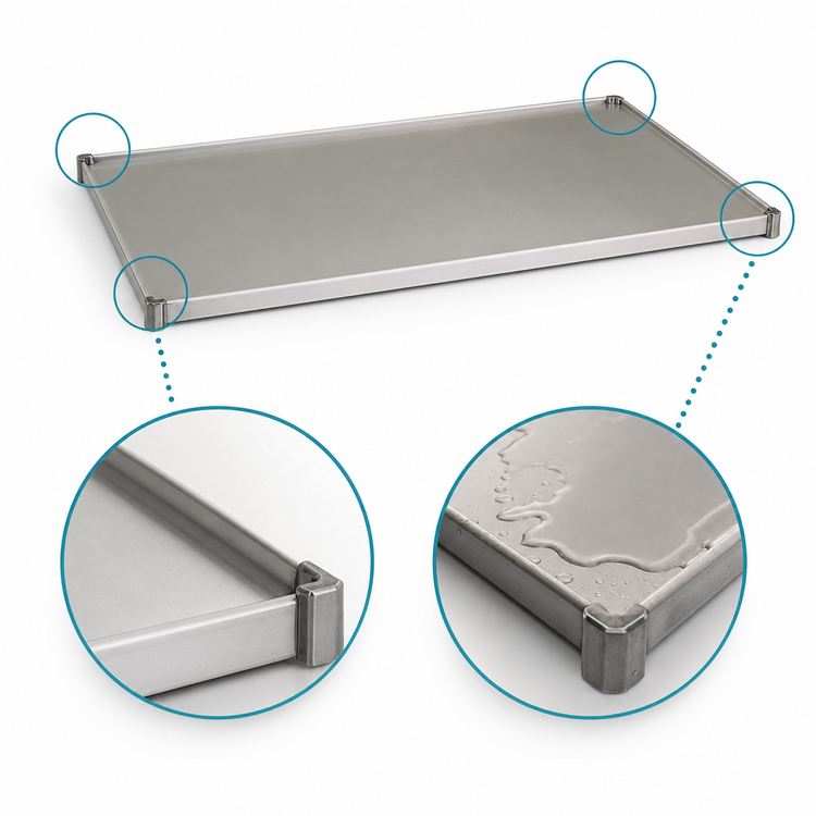 Product image #3 for Eagle Group 30 Inch W x 24 Inch D Solid Stainless Steel Shelf with Marine Edge and Split Sleeves