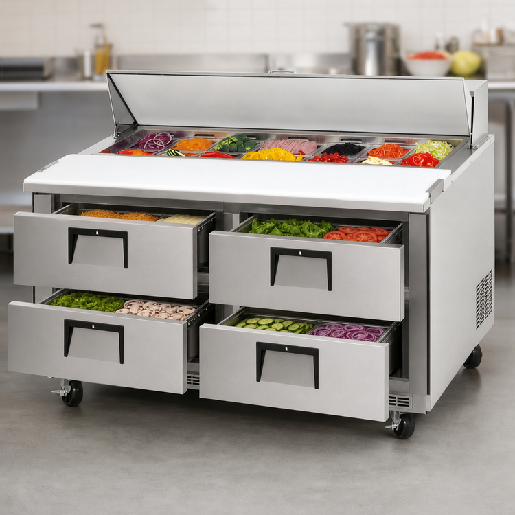 Product image #3 for Everest 47-1/2 Inch Two-Section Drawered Sandwich Prep Table with 4 Drawers, 13 Cu. Ft., Rear-Mounted Self-Contained Refrigeration