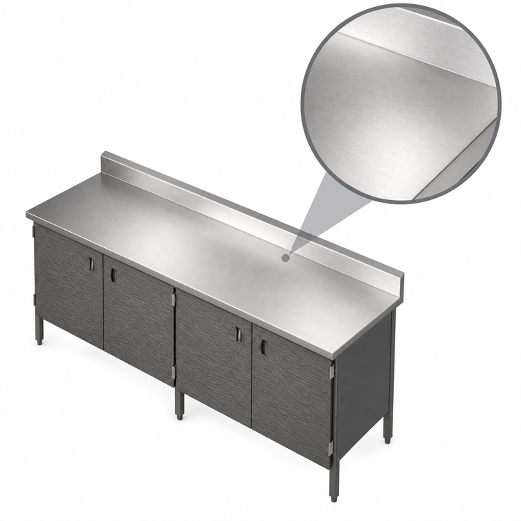 Product image #3 for John Boos 96" x 24" Enclosed Base Work Table with Hinged Doors, 16-Gauge Stainless Steel Top, and 5" Backsplash