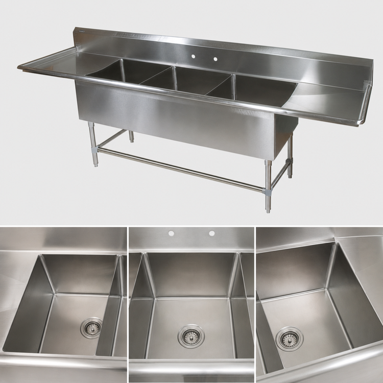 Product image #3 for John Boos Pro-Bowl 3-Compartment Stainless Steel Sink with Left & Right Drainboards, 14-Gauge, 16" x 20" x 12" Bowls