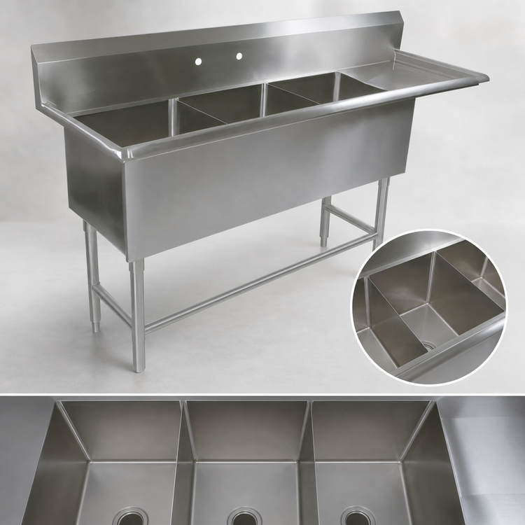 Product image #3 for John Boos Pro-Bowl 3-Compartment Sink with 18-Inch Right Drainboard, 70-3/16 x 25-1/2 In., 14-Gauge Stainless Steel