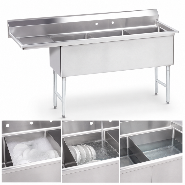 Product image #3 for 3-Compartment Fabricated Sink with 18-Inch Left Drainboard, 68-1/2 x 26 Inch, 14-Gauge 304 Stainless Steel