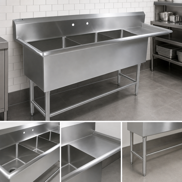 Product image #3 for John Boos Pro-Bowl 3-Compartment Sink with 30-Inch Right Drainboard, 14 Gauge 300 Series Stainless Steel