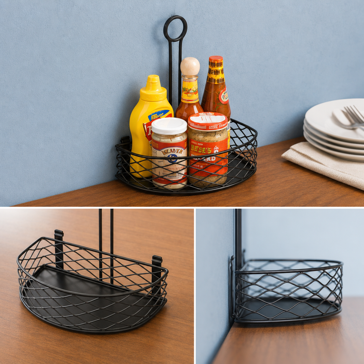 Product image #3 for Birdnest Semi-Round Flat-Back Wire Condiment Rack, Black