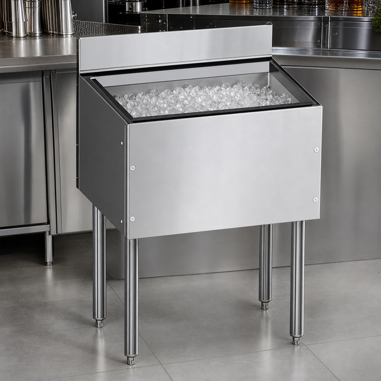 Product image #3 for CHOICE Underbar Stainless Steel Ice Bin with Open-Channel Backsplash, 30 Inch Wide x 24 Inch Deep, 106 lb Capacity