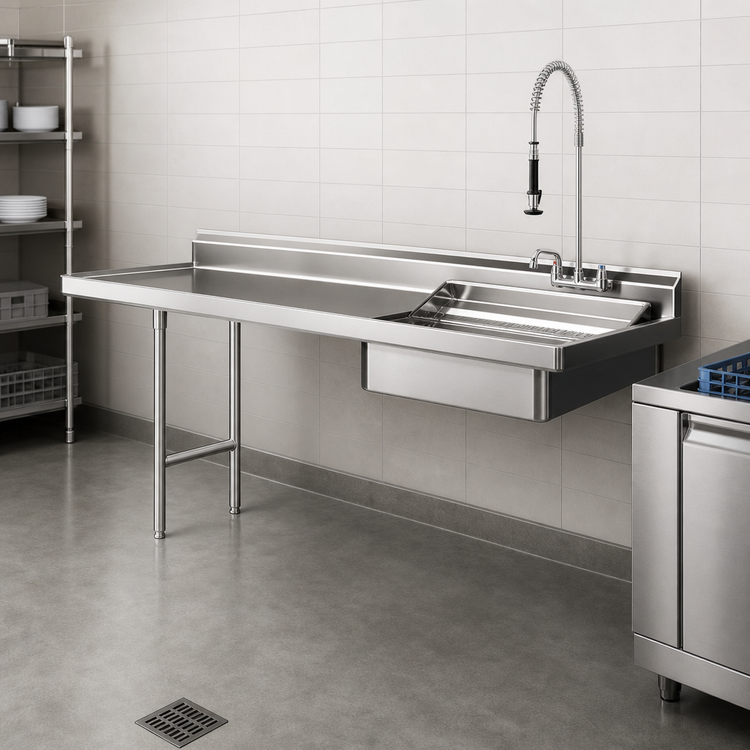 Product image #3 for Straight Soiled Dishtable with Pre-Rinse Sink, 48 Inch Left-to-Right, 16/430 Stainless Steel Top