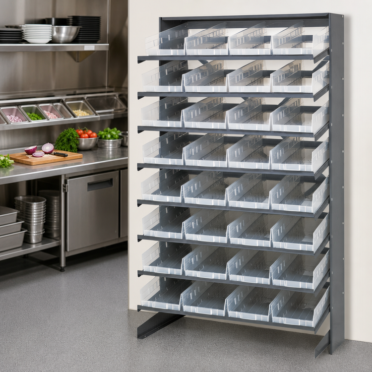 Product image #3 for Quantum Steel Sloped Single-Sided Pick Rack with 8 Shelves and 32 Clear Bins