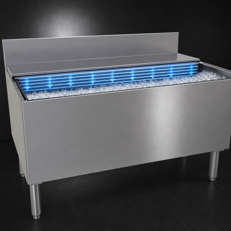 Product image #3 for Glastender Extra Deep Stainless Steel Underbar Ice Bin with 10-Circuit Cold Plate, 48 Inch W x 24 Inch D, 235 lb. Ice Capacity