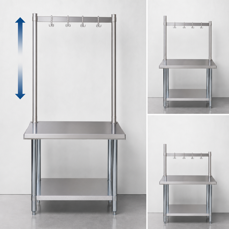 Product image #3 for BK Resources 60-Inch Stainless Steel Adjustable Table-Mount Pot Rack with 5 Double-Prong Hooks