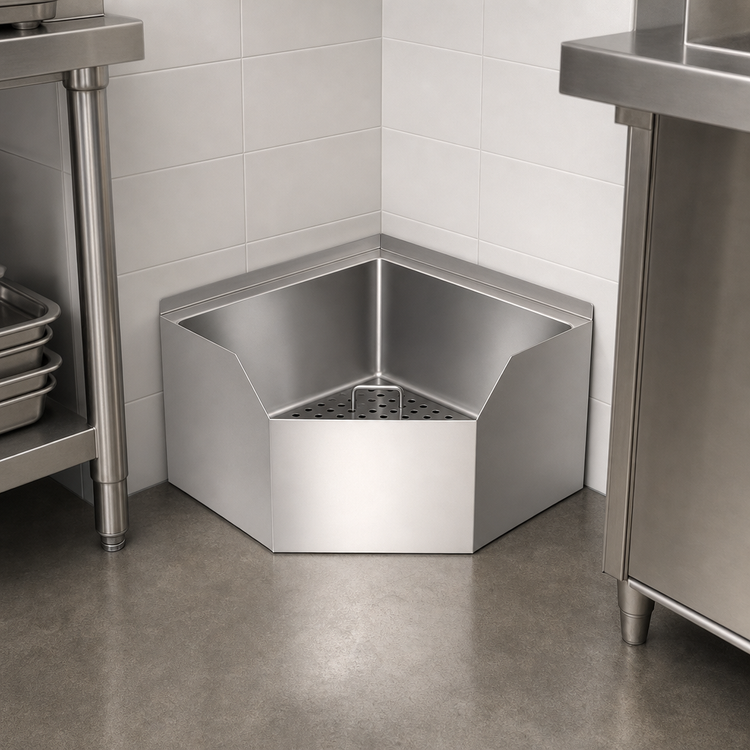 Product image #3 for Corner Floor-Mounted Mop Sink with Drain Basket, 26.5 x 26.5 x 16 Inches, 304 Stainless Steel