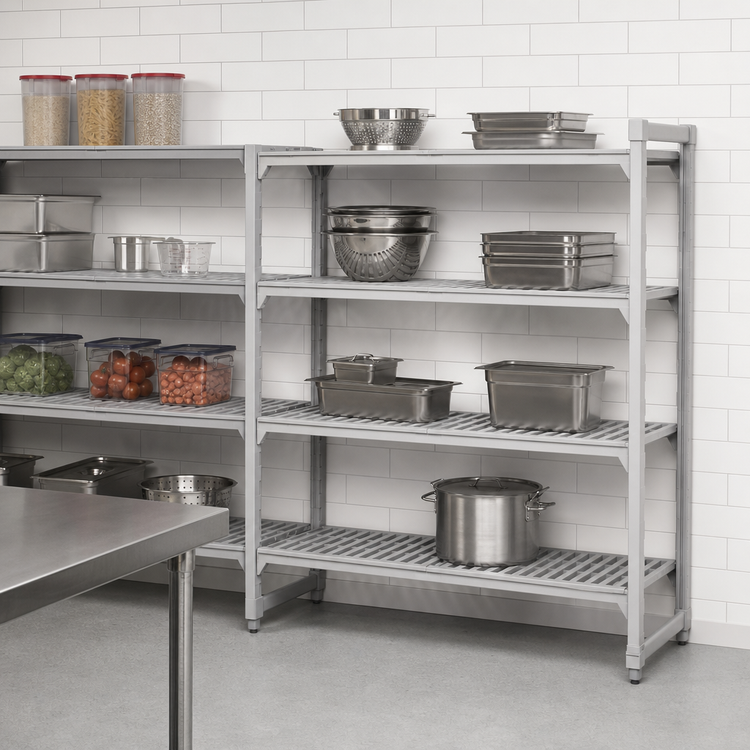Product image #4 for Cambro Camshelving Premium 5-Tier Vented Stationary Add-On Polymer Shelving Unit, 54 Inch x 21 Inch x 84 Inch, Speckled Gray