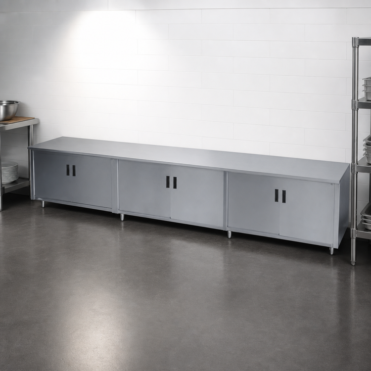 Product image #3 for Advance Tabco Flat-Top Enclosed Work Table with Cabinet Base and Hinged Doors, 144"W x 30"D, 14-Gauge 304 Stainless Steel Top