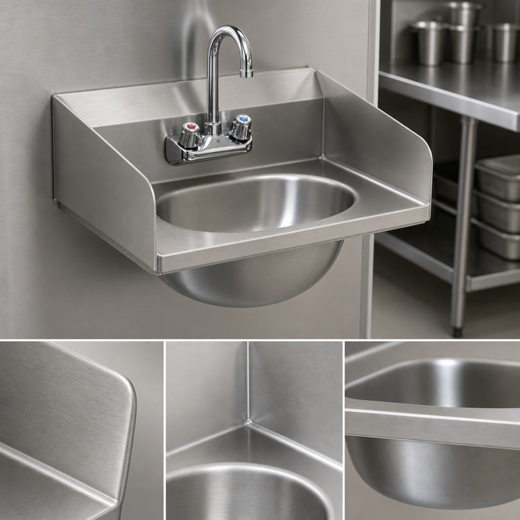 Product image #3 for Eagle Group Wall-Mount 304 Stainless Steel Hand Sink with Gooseneck Faucet, Basket Drain, and Side Splashes