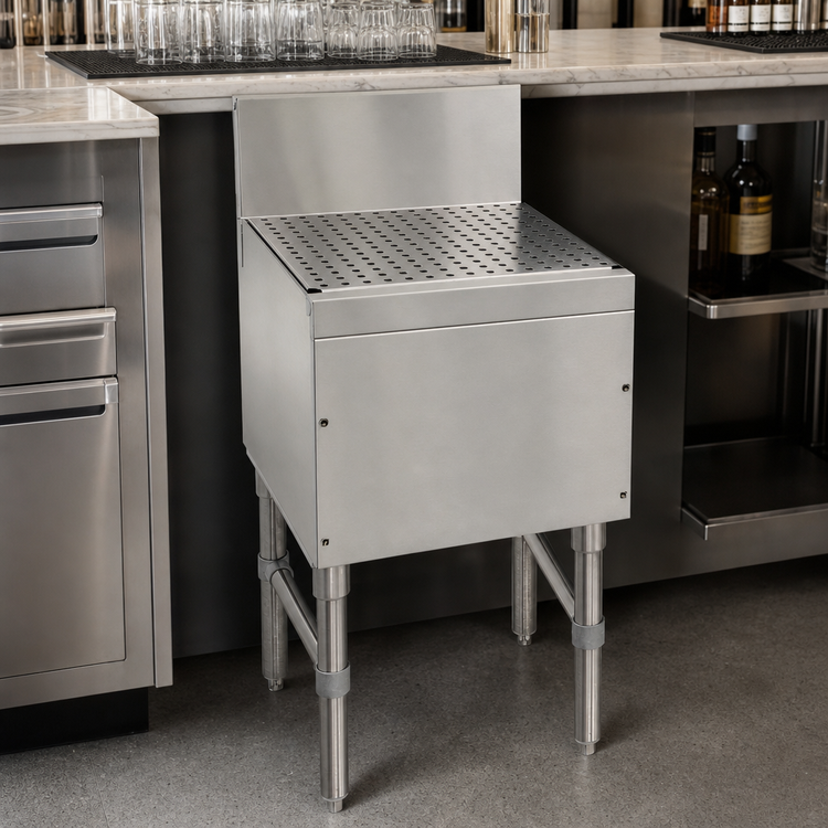 Product image #3 for Advance Tabco Prestige Freestanding Underbar Drainboard, 18" W x 20" D x 36" H, 7" Backsplash