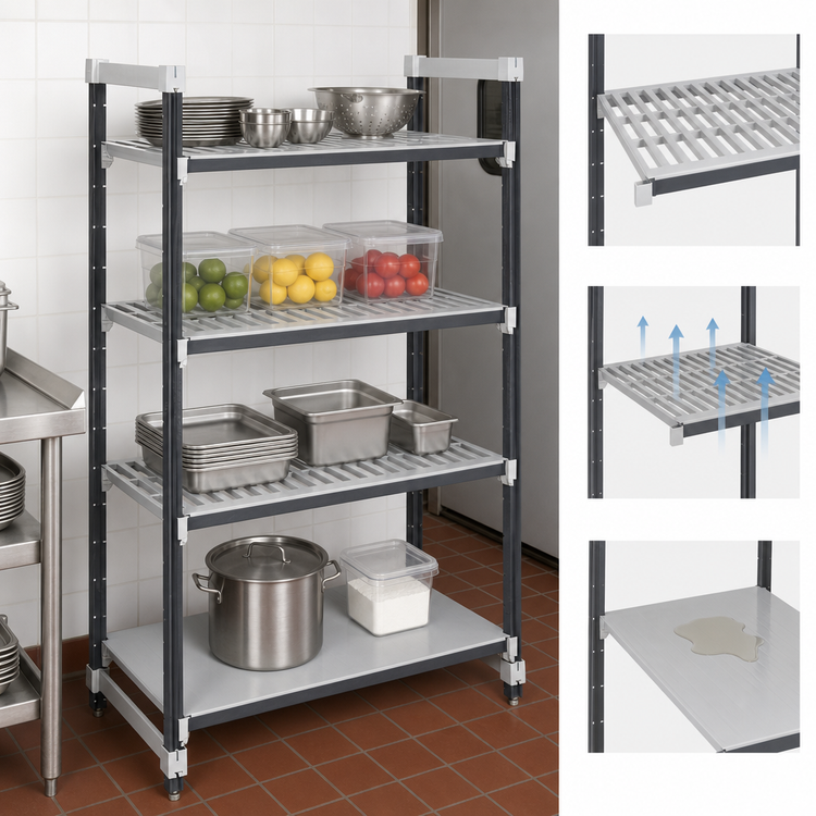 Product image #3 for Cambro Camshelving Elements XTRA 4-Tier Stationary Starter Polymer Shelving Unit, 18 x 36 x 64 Inches, 3 Vented + 1 Solid, Speckled Gray