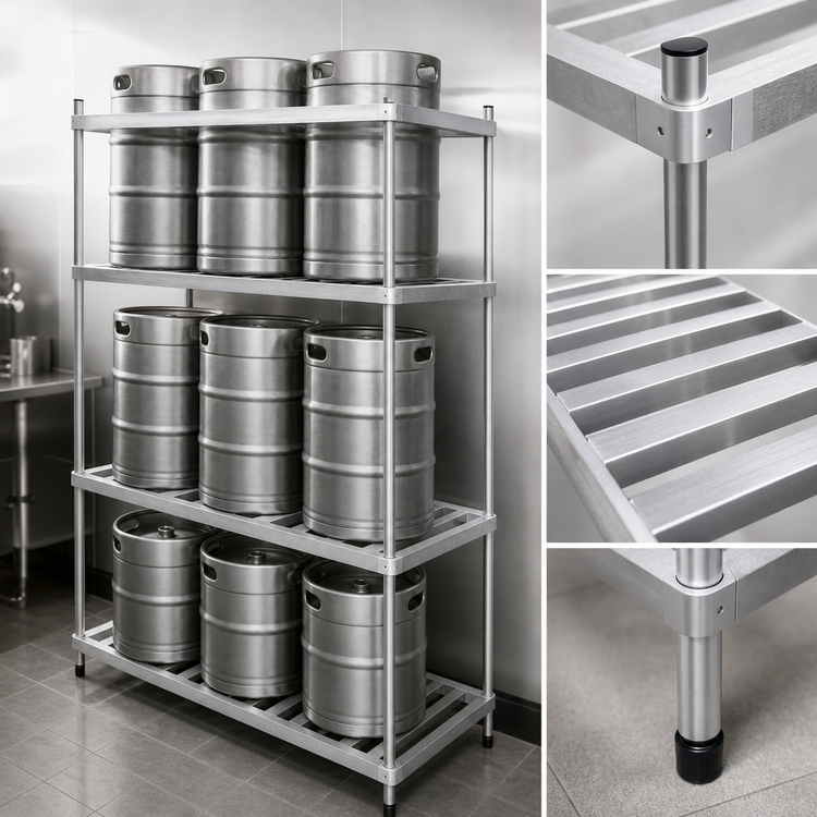 Product image #3 for Omcan USA Aluminum 6-Keg Rack, 60 Inch W x 20 Inch D x 76 3/8 Inch H