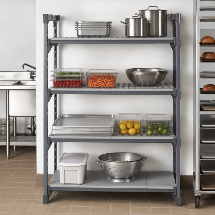 Product image #3 for Cambro Camshelving Basics Plus 24" x 42" 4-Shelf Solid & Vented Shelf Kit, Brushed Graphite