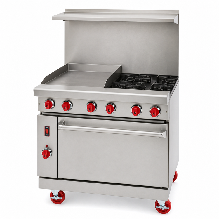 Product image #3 for American Range 36-Inch Green Flame Gas Range With 24-Inch Left Griddle, 2 Open Burners, Standard Oven, and Hi-Shelf Back Riser