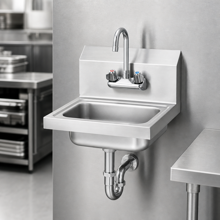 Product image #3 for Vollrath Wall-Mount 2-Hole Hand Wash Sink with Strainer, Gooseneck Faucet and P-Trap, 17 x 15 Inches