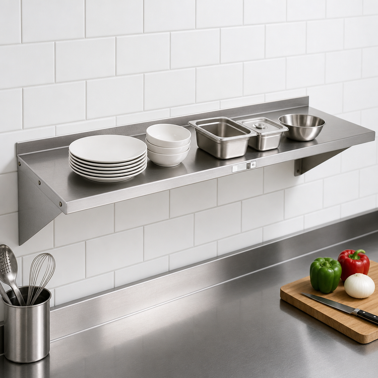 Product image #3 for John Boos Stallion 48 Inch x 12 Inch Wall-Mounted 430 Stainless Steel Shelf with Stallion Safety Edge Front