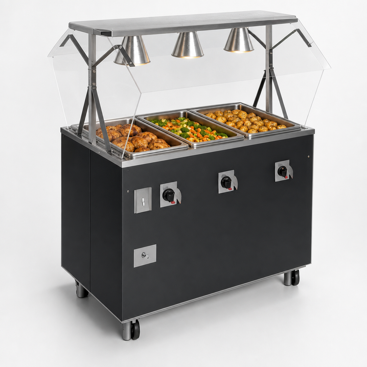 Product image #3 for Vollrath 2-Series Affordable Portable 3-Well Mobile Hot Food Station with Buffet Breath Guard and Lights, Enclosed Storage Base, Granite