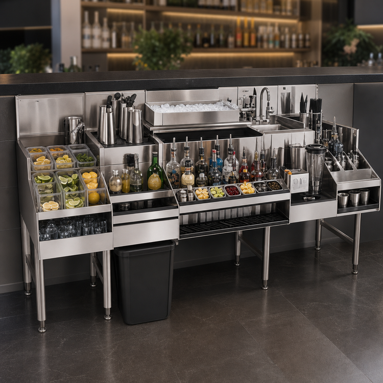 Product image #3 for Glastender 60-Inch All-In-One Underbar Ice Bin/Cocktail Station with Center Ice Bin, Sink, Blender Shelf, Speed Rail, and 10-Circuit Cold Plate