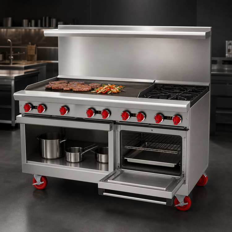 Product image #3 for American Range 60-Inch Gas Restaurant Range with 48-Inch Griddle, 2 Open Burners, Convection Oven, and Storage Base