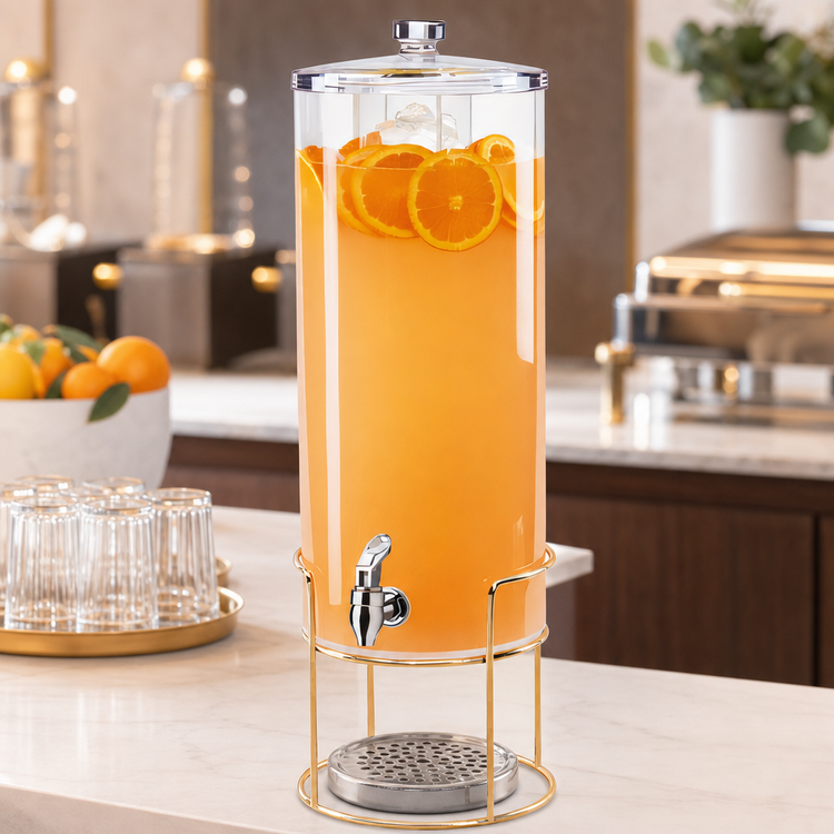 Product image #3 for Cal-Mil Single Round 5 Gallon Acrylic Beverage Dispenser with Infusion Chamber, Drip Tray, and Brass Wire Base