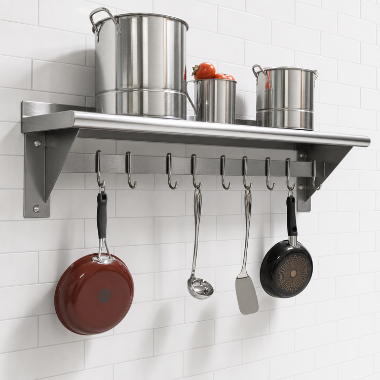 Product image #3 for Wall-Mounted Stainless Steel Shelf with Pot Rack, 132 Inch x 18 Inch, 9 Hooks