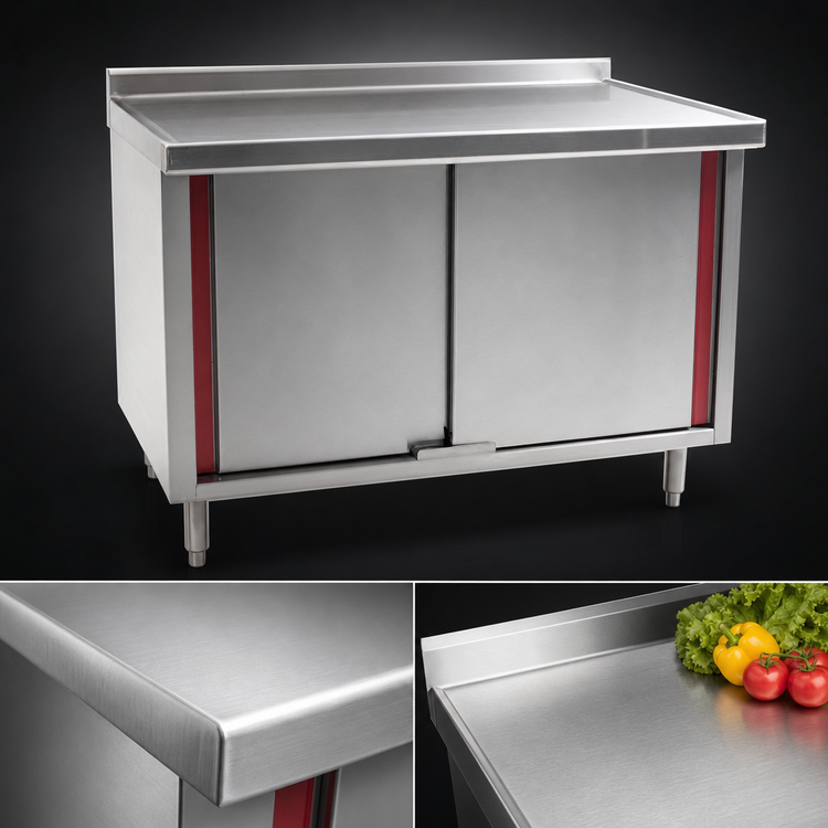 Product image #3 for Eagle Group Spec-Master Marine Series Enclosed Work Table with Cabinet Base and Hinged Doors, 60 x 24 Inch, 14-Gauge 304 Stainless Steel Top, 1-1/2 Inch Rear Up-Turn