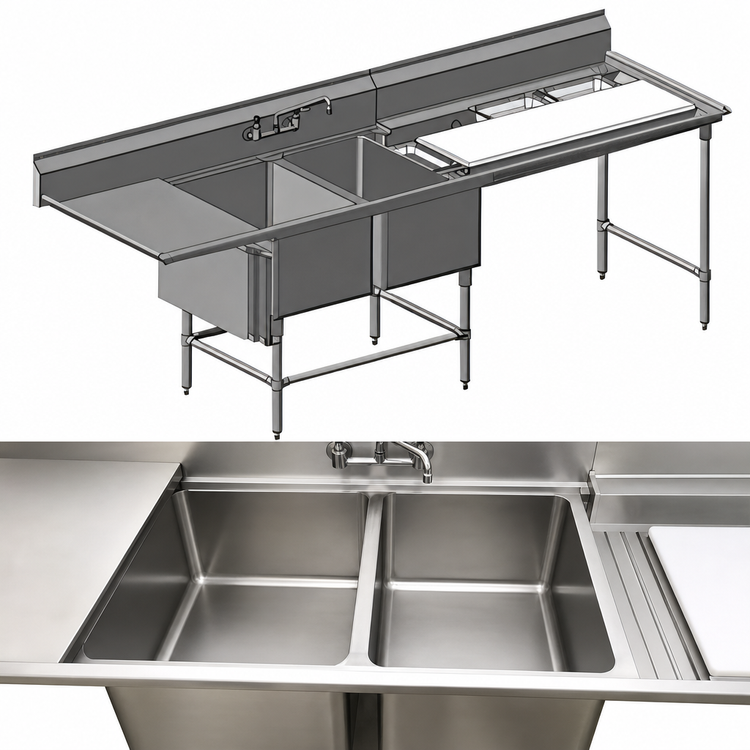 Product image #3 for Spec-Master FNP2840-2-48TL Two-Compartment Stainless Steel Prep Sink with Right Drainboard and Prep Area