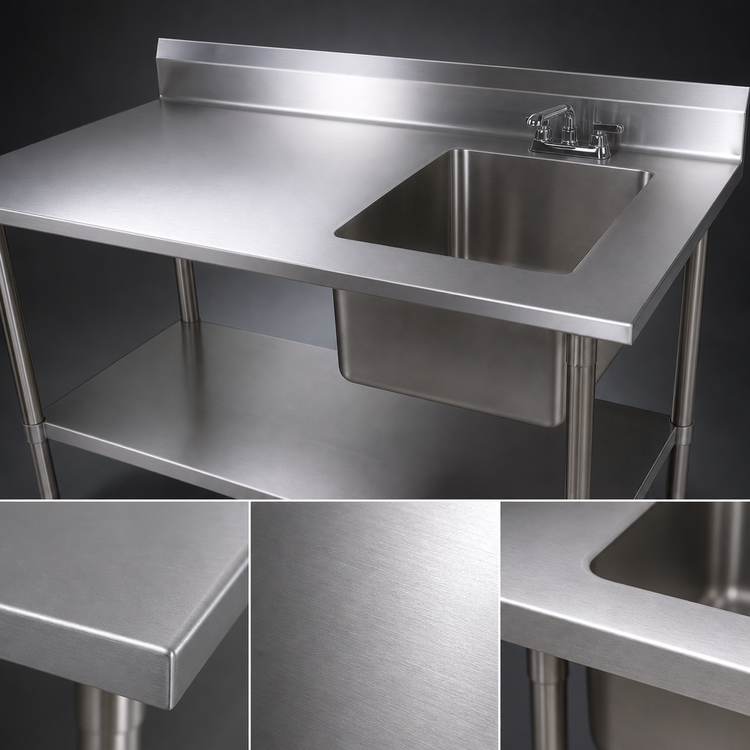 Product image #3 for John Boos 72 x 30 Stainless Steel Work Table With Prep Sink, Right Bowl, 5-Inch Backsplash, and Galvanized Base
