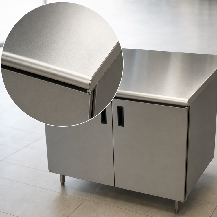 Product image #3 for Advance Tabco 36" W x 30" D Enclosed Work Table with Cabinet Base, Mid-Shelf, Hinged Doors and 14 Gauge 304 Stainless Steel Top