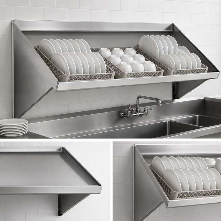 Product image #3 for 84-Inch Wall-Mounted Slanted Solid Dishtable Rack Shelf, Left Drip Tube, 304 Stainless Steel